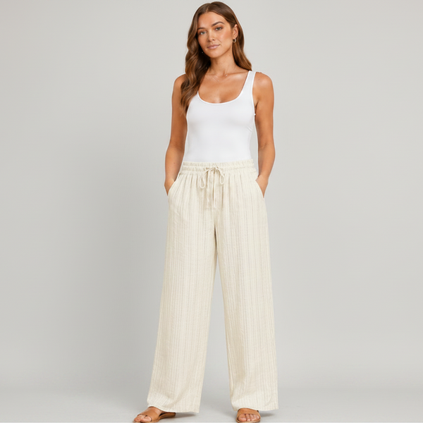 Ladies Linen Mix Stripe Trousers (White)