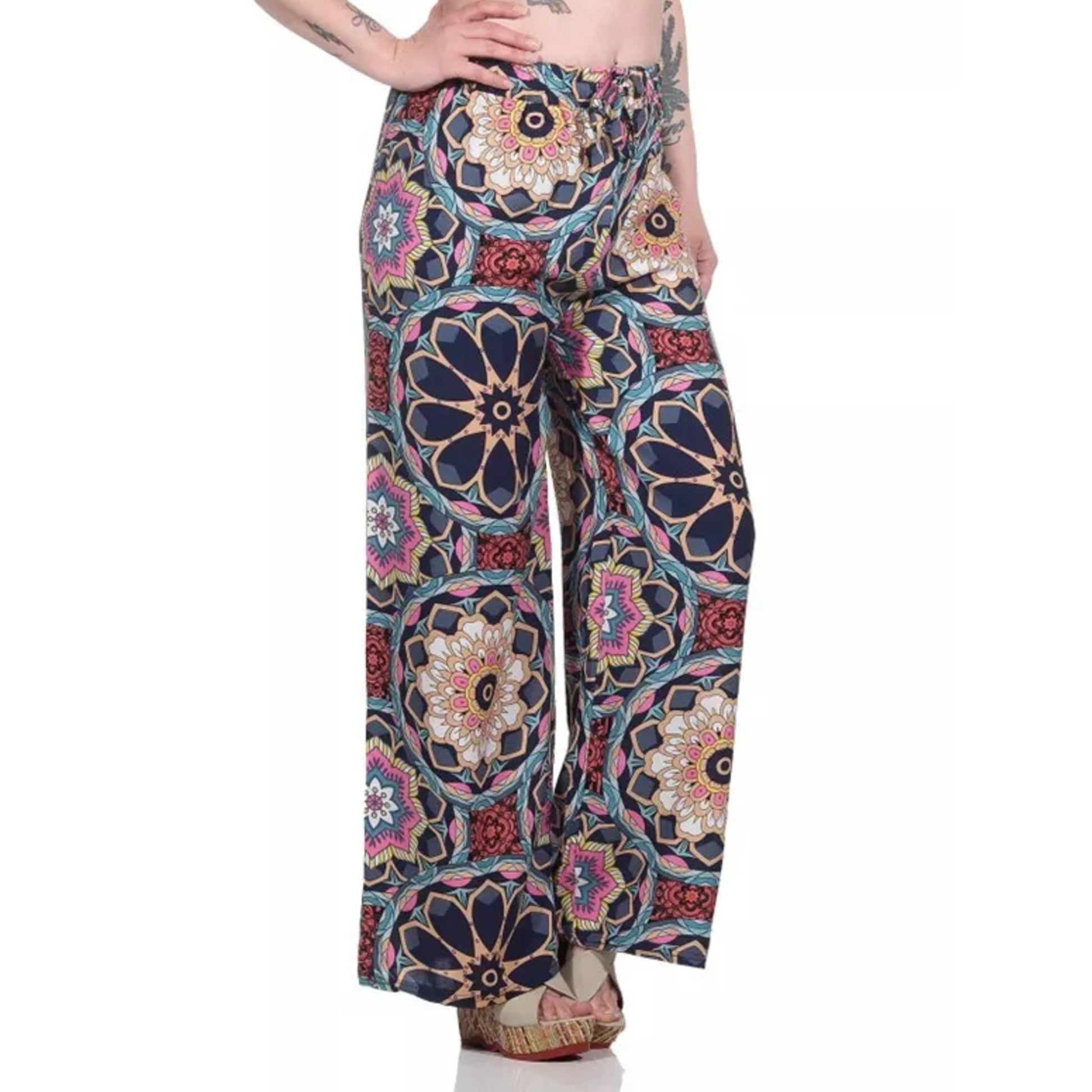 Ladies loose fit palazzo trousers wide leg boho style pants with multicolour floral mandala print high waist drawstring summer fashion