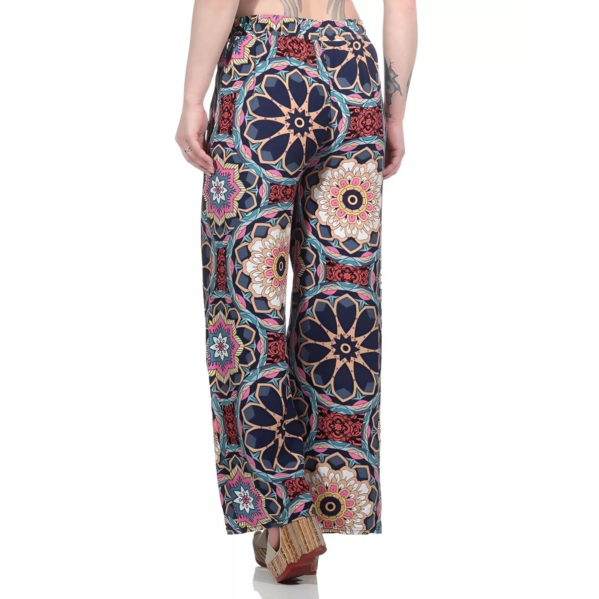 Ladies loose fit palazzo trousers wide leg boho style pants with multicolour floral mandala print high waist drawstring summer fashion