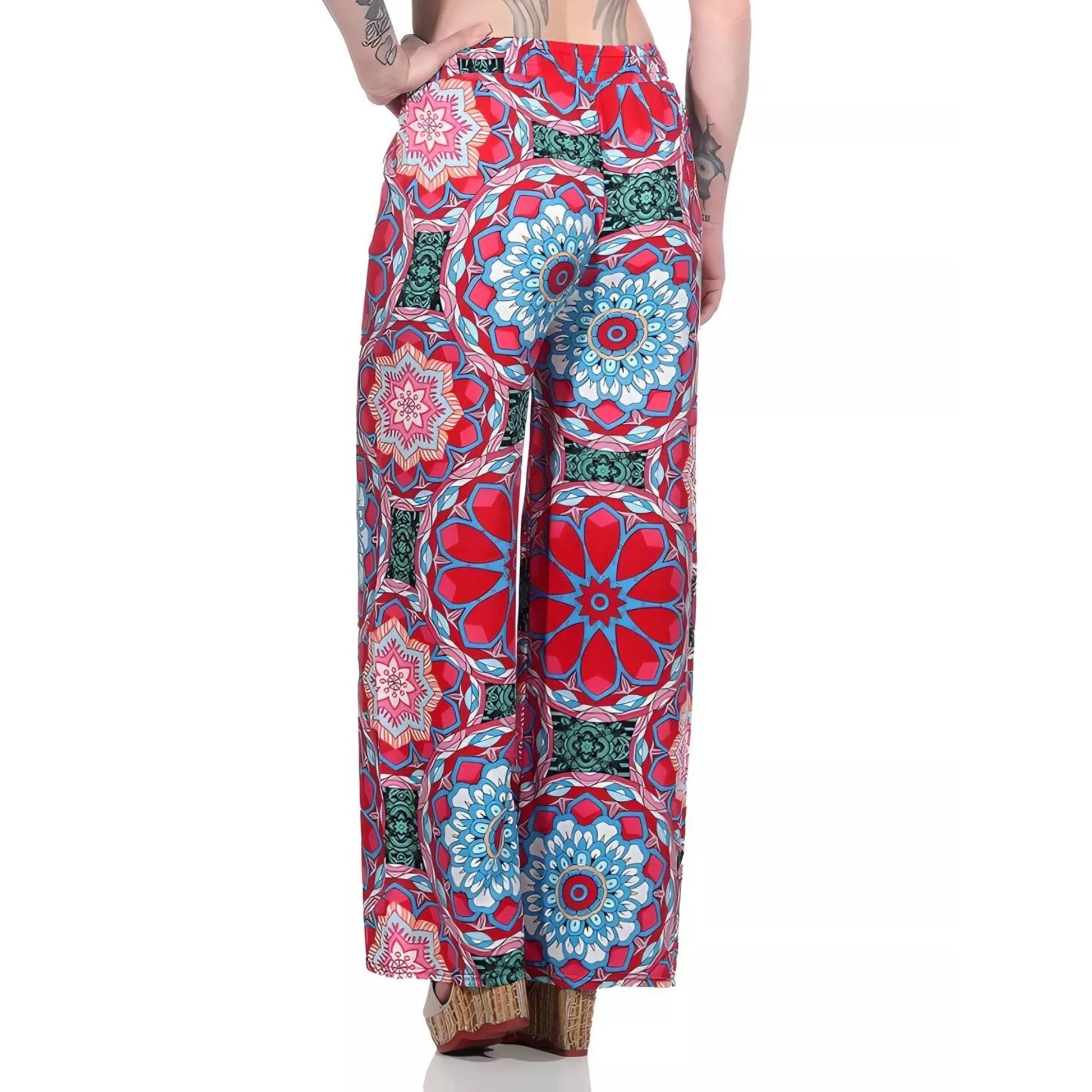 Ladies loose fit palazzo trousers wide leg boho style pants with multicolour floral mandala print high waist drawstring summer fashion