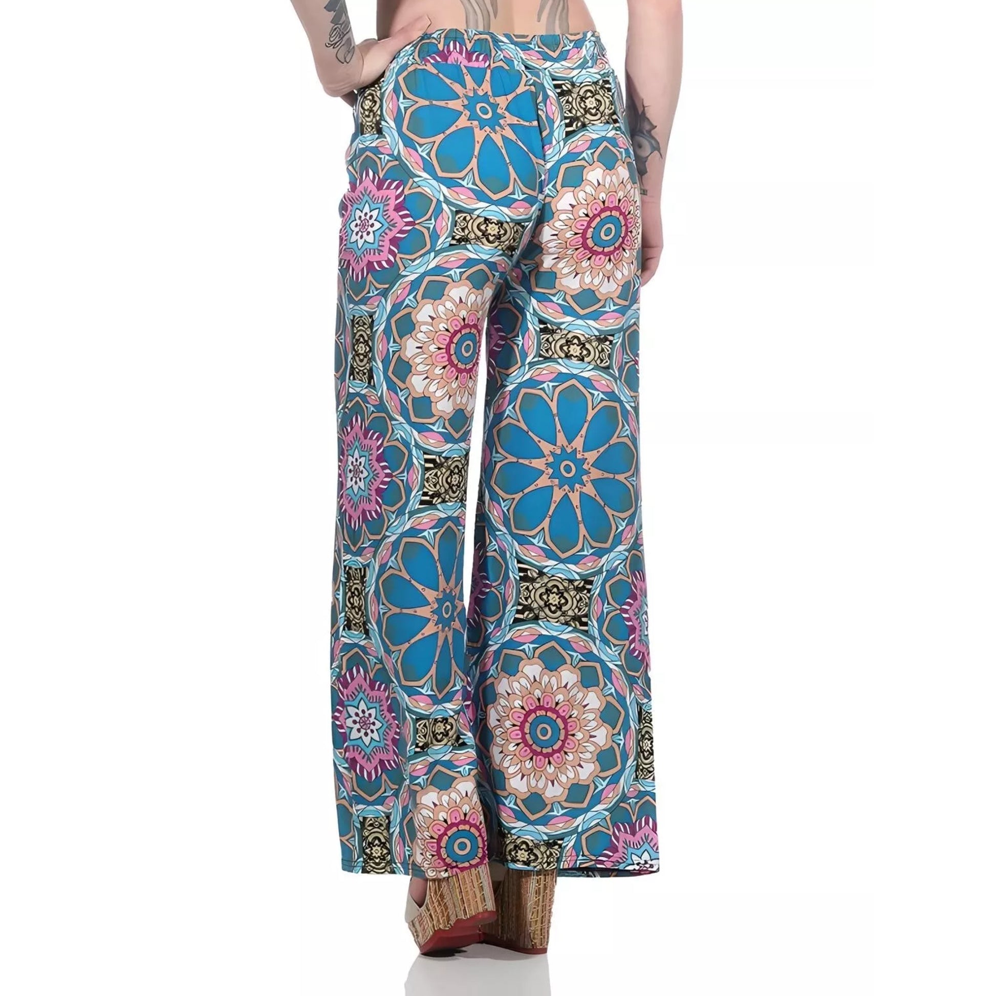 Ladies loose fit palazzo trousers wide leg boho style pants with multicolour floral mandala print high waist drawstring summer fashion