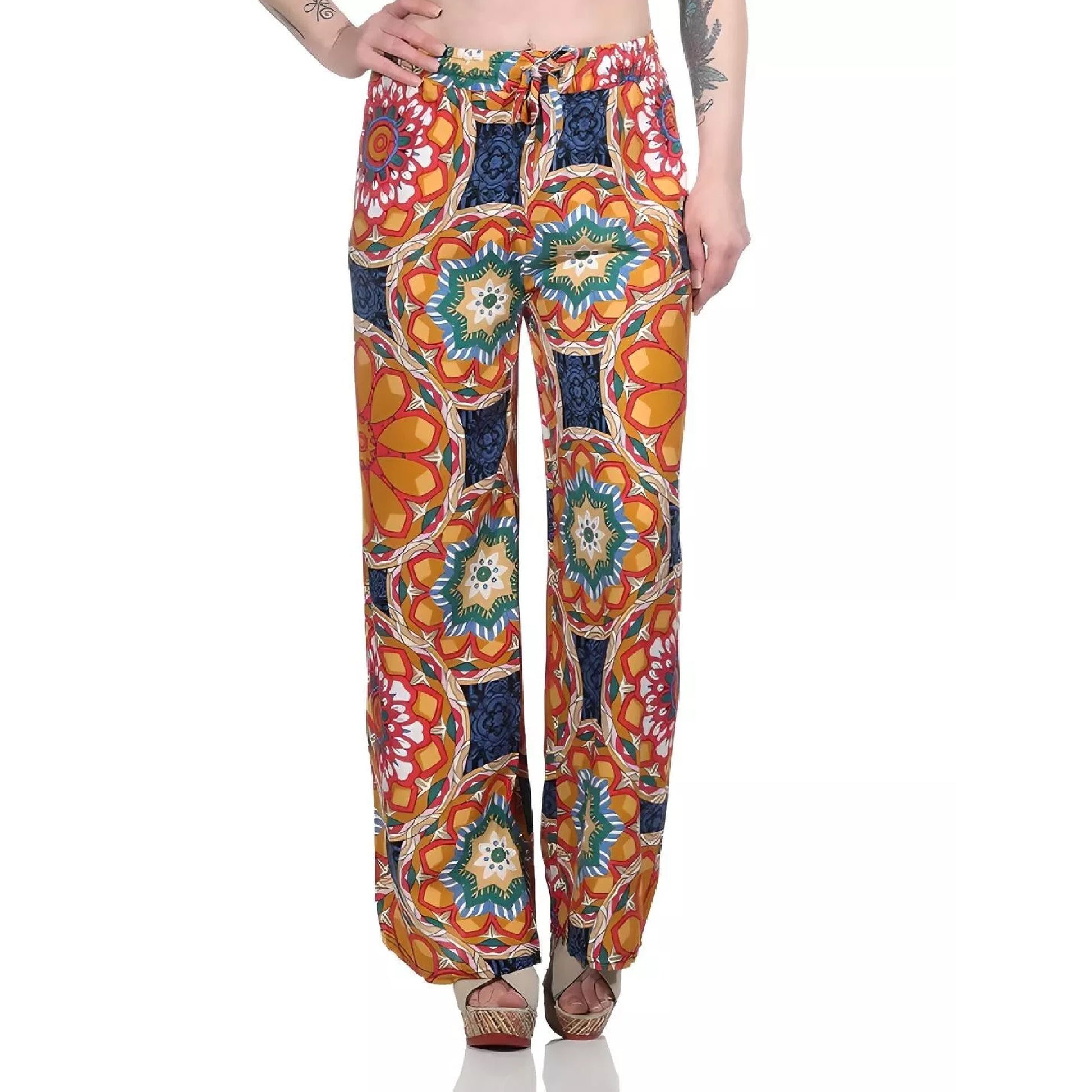 Ladies loose fit palazzo trousers wide leg boho style pants with multicolour floral mandala print high waist drawstring summer fashion