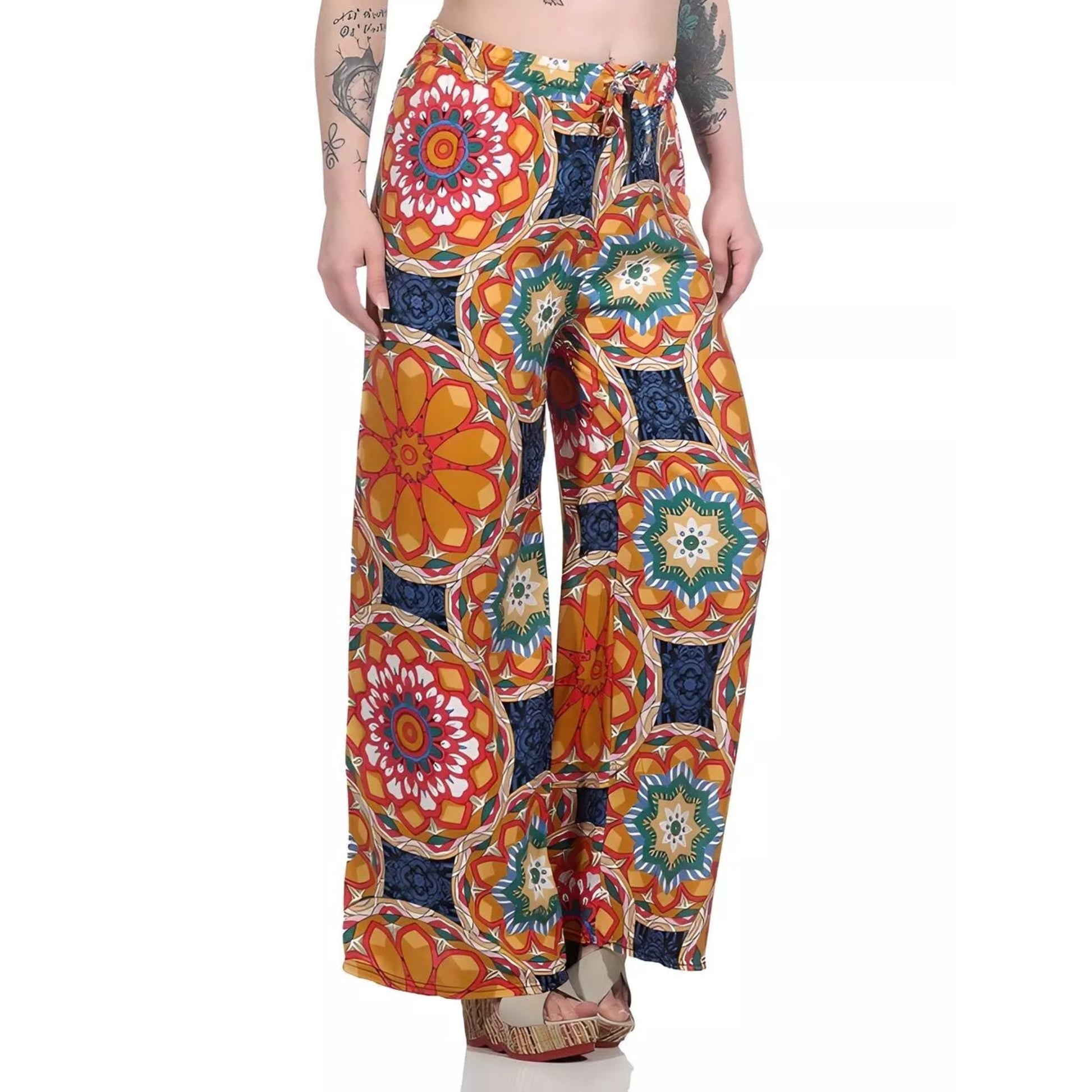 Ladies loose fit palazzo trousers wide leg boho style pants with multicolour floral mandala print high waist drawstring summer fashion