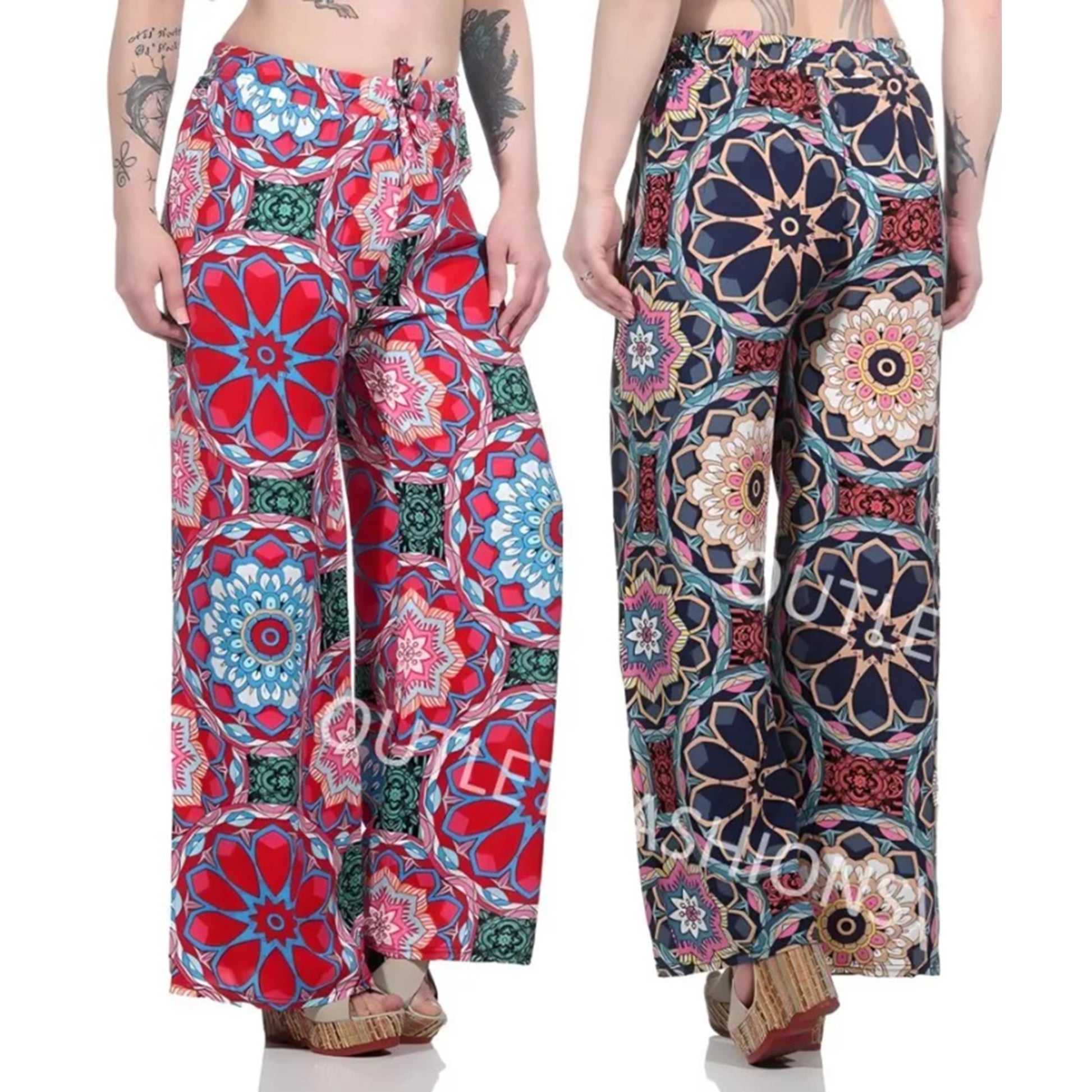 Ladies loose fit palazzo trousers wide leg boho style pants with multicolour floral mandala print high waist drawstring summer fashion