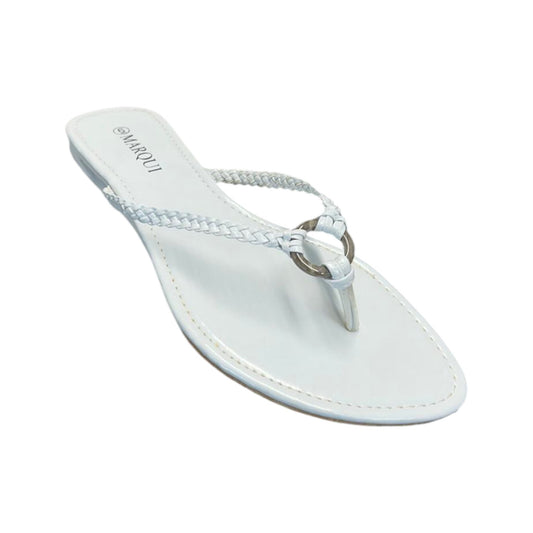 Women's white braided thong sandal by Marqui with metal ring detail – flat summer slip-on beach footwear