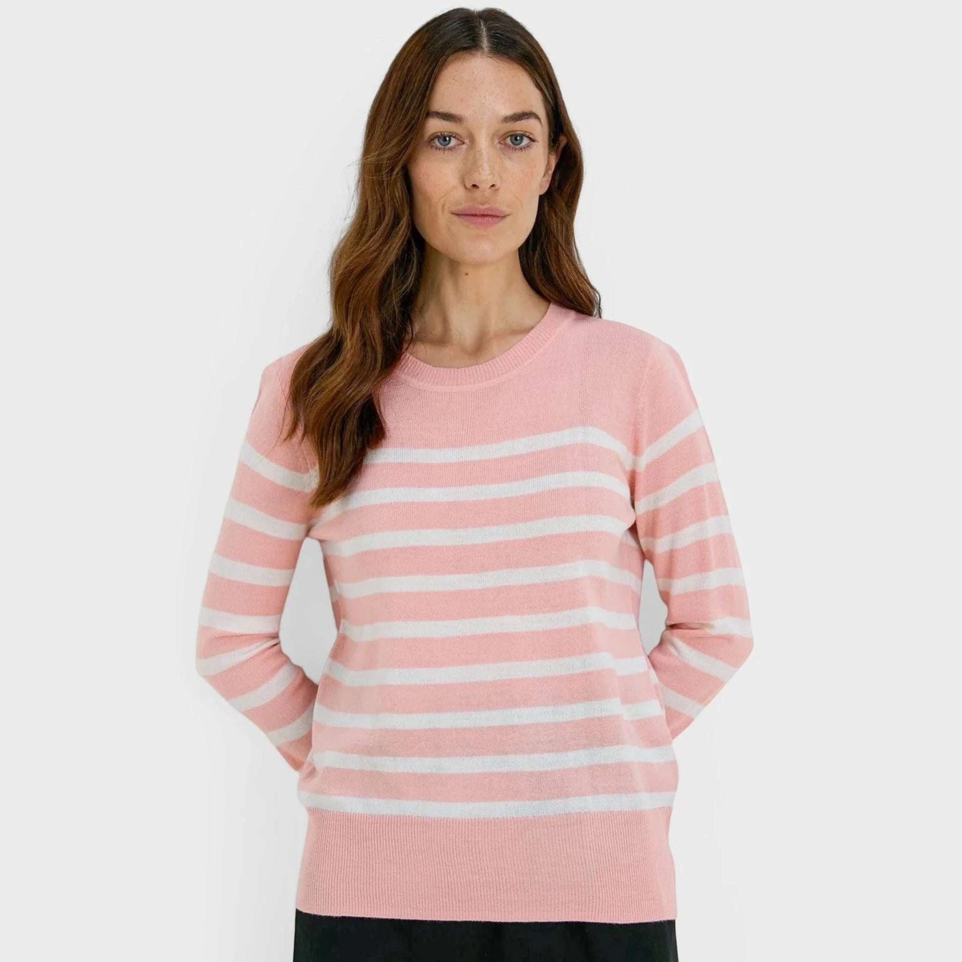 Ladies pink and white striped crew neck jumper in soft acrylic knit
