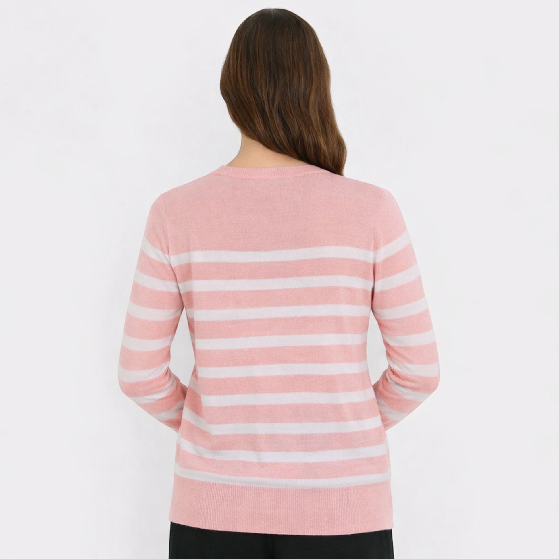Ladies pink and white striped crew neck jumper in soft acrylic knit
