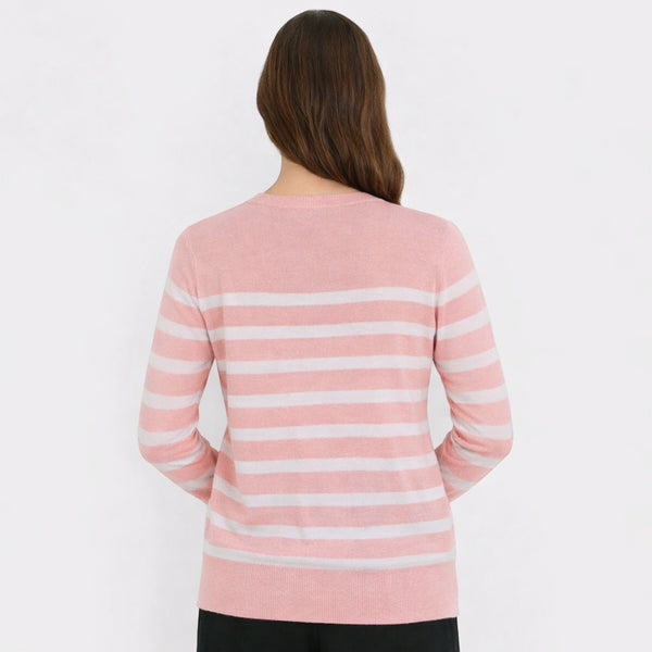 Ladies Casual Striped Knit Jumper - Pink & White