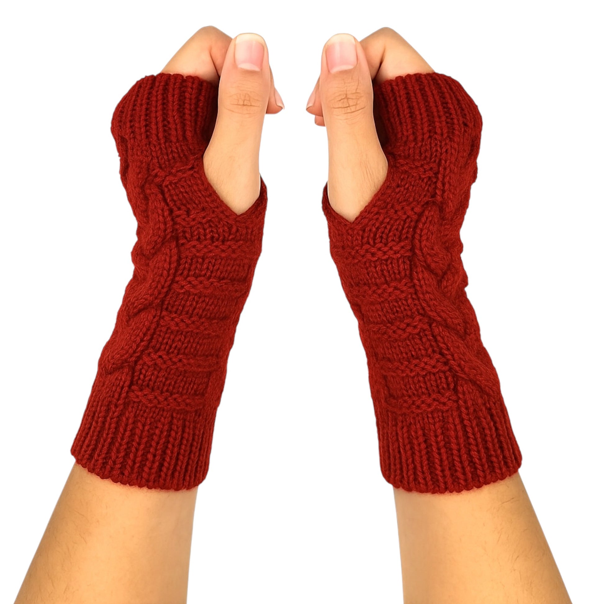 Knitted fingerless mittens in burgundy red with classic cable knit design for warmth and style