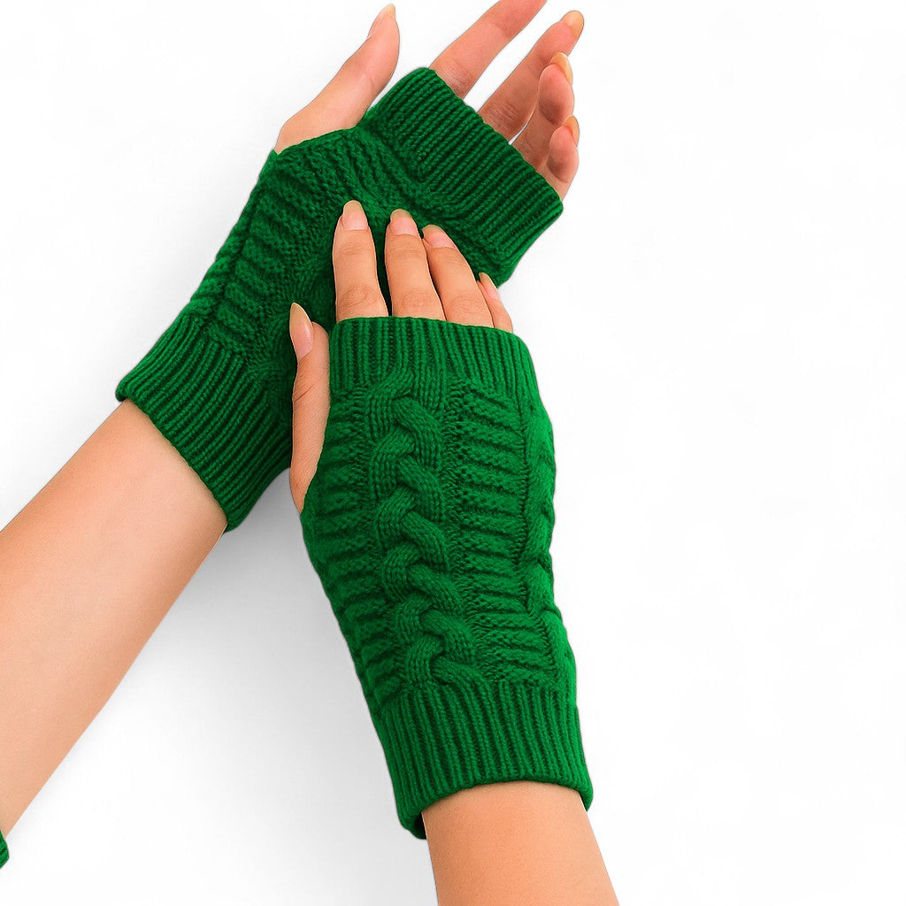 Knitted fingerless mittens in emerald green with classic cable knit design for warmth and style