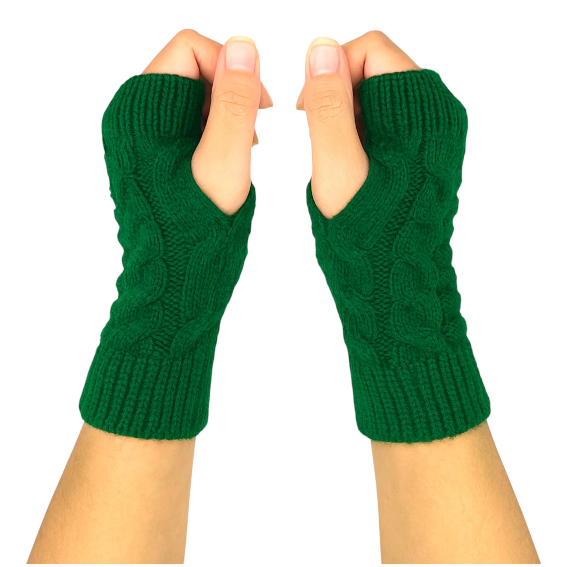 Knitted fingerless mittens in emerald green with classic cable knit design for warmth and style