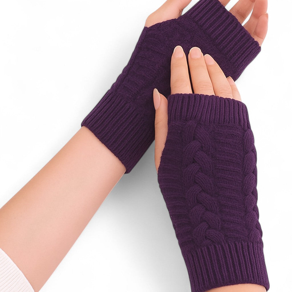 Knitted fingerless mittens in purple with classic cable knit design for warmth and style