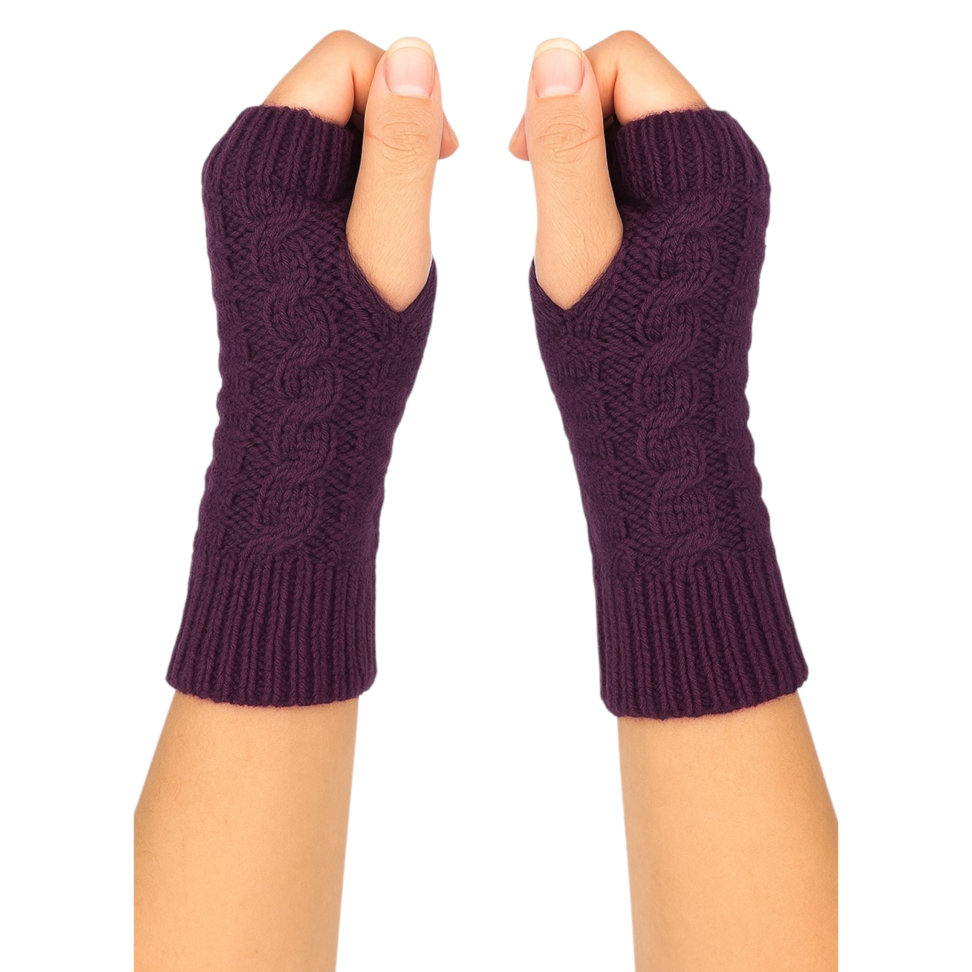 Knitted fingerless mittens in purple with classic cable knit design for warmth and style