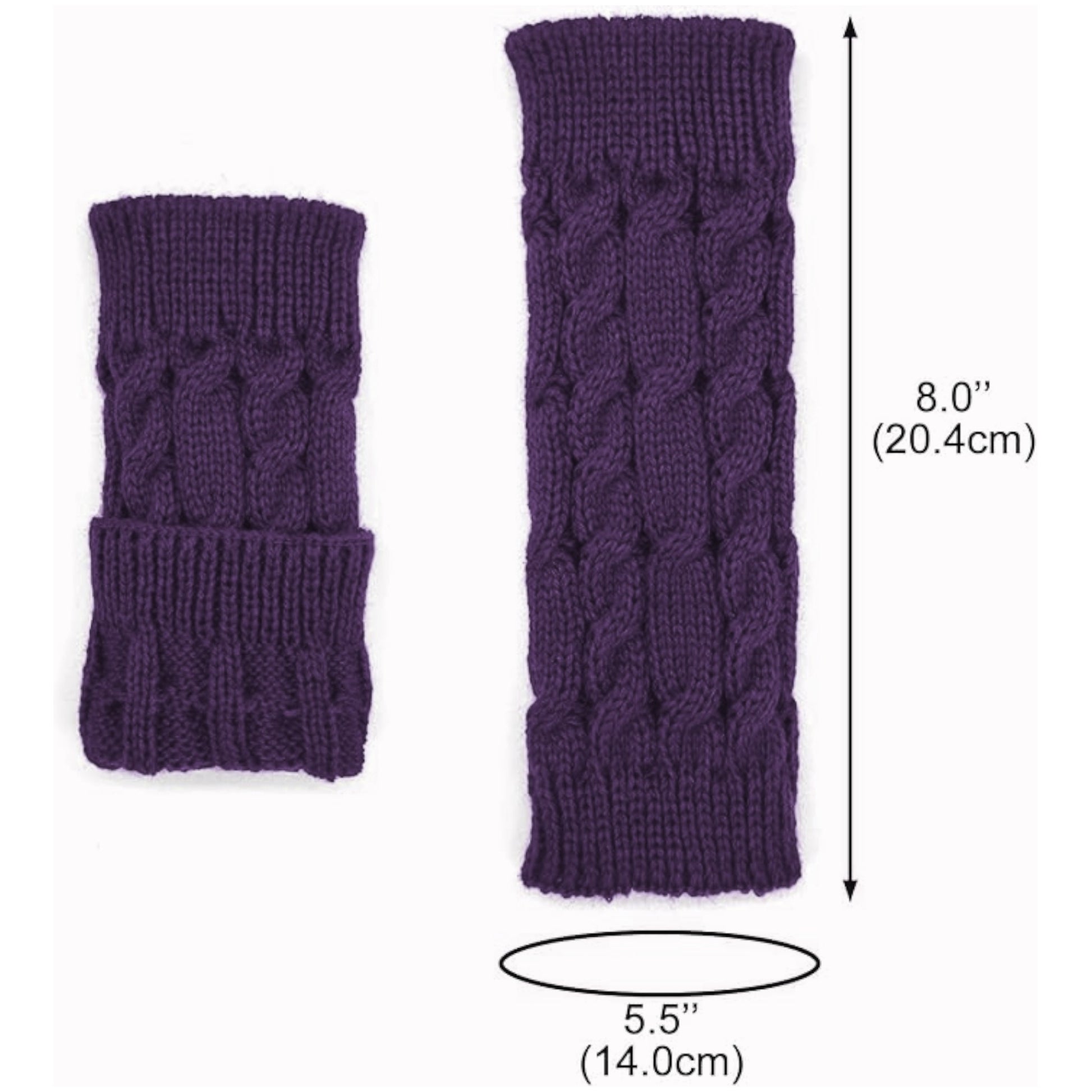 Knitted fingerless mittens in purple with classic cable knit design for warmth and style