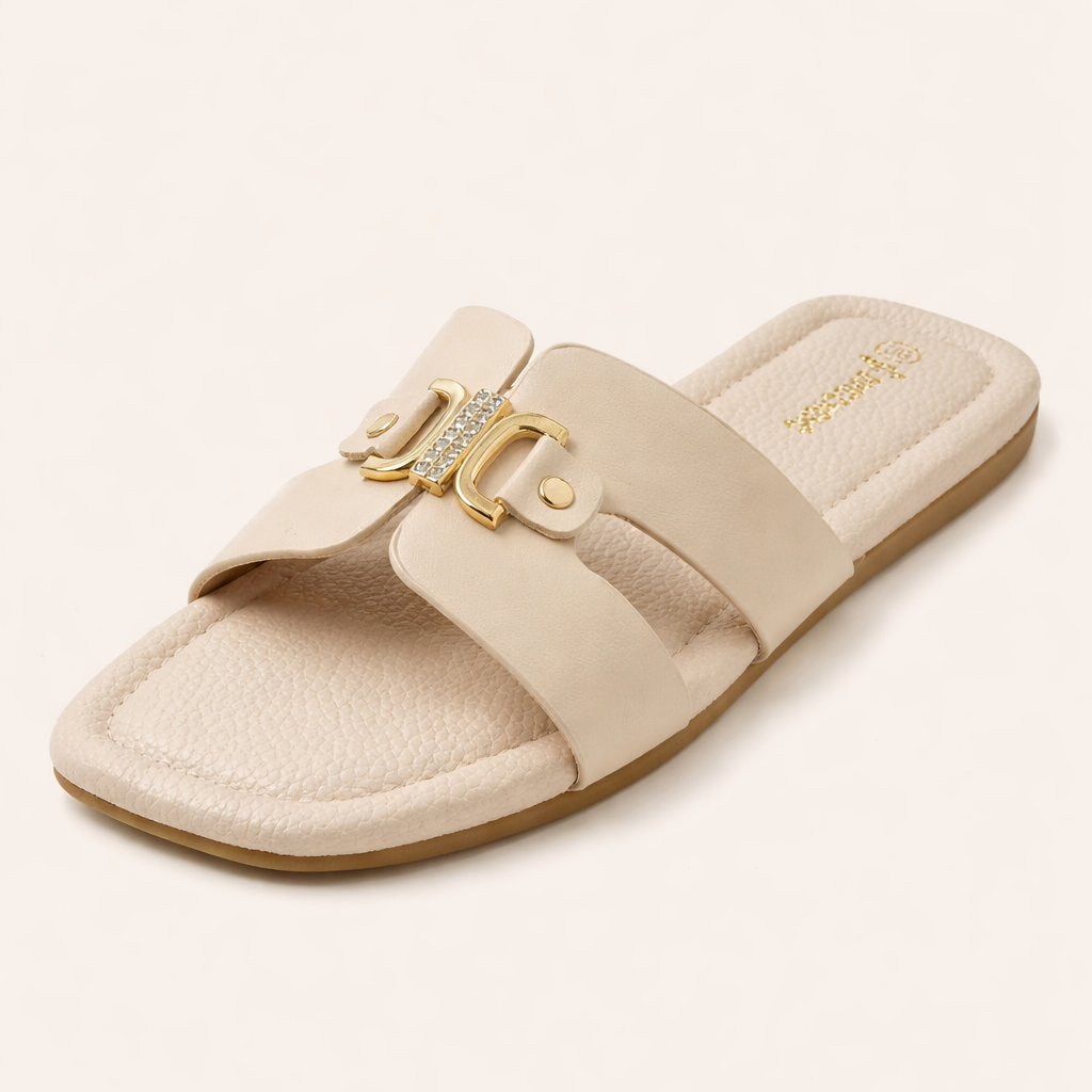 Beige double strap buckle slide sandals for women with gold detail and cushioned sole