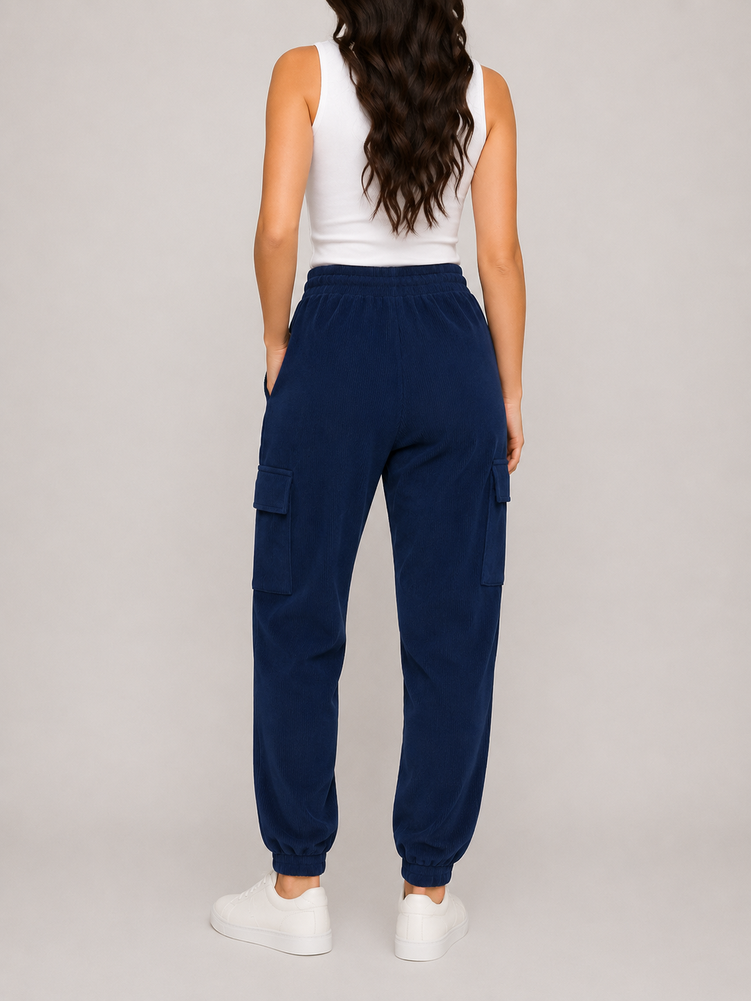 Ladies navy blue cord cargo joggers with pockets – casual relaxed fit 