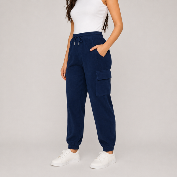 Ladies Cord Ribbed Cargo Joggers (Navy)