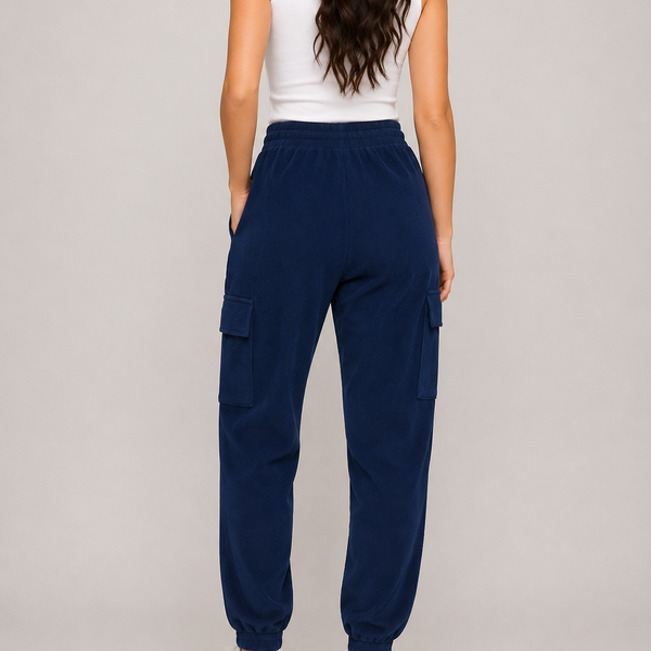 Ladies Cord Ribbed Cargo Joggers (Navy)