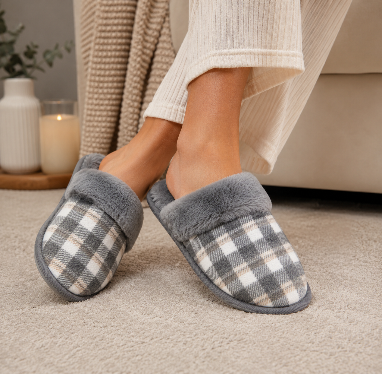 Fleet & Foster luxury check mule slippers for women in pink and grey with faux fur lining and cushioned comfort sole displayed in cosy indoor lifestyle setting