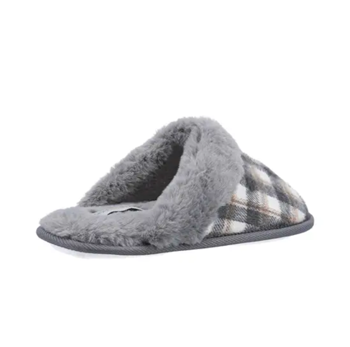 Fleet & Foster luxury check mule slippers for women in pink and grey with faux fur lining and cushioned comfort sole displayed in cosy indoor lifestyle setting