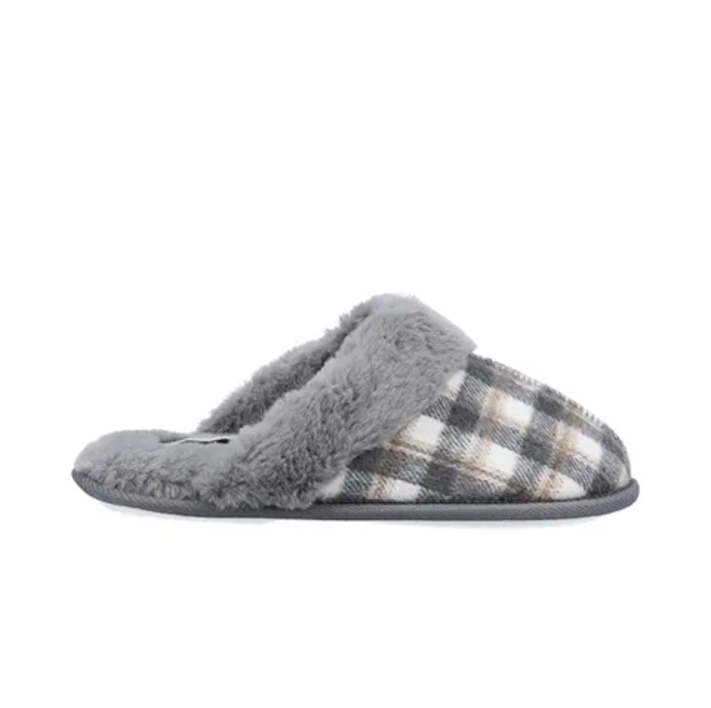 Fleet & Foster luxury check mule slippers for women in pink and grey with faux fur lining and cushioned comfort sole displayed in cosy indoor lifestyle setting