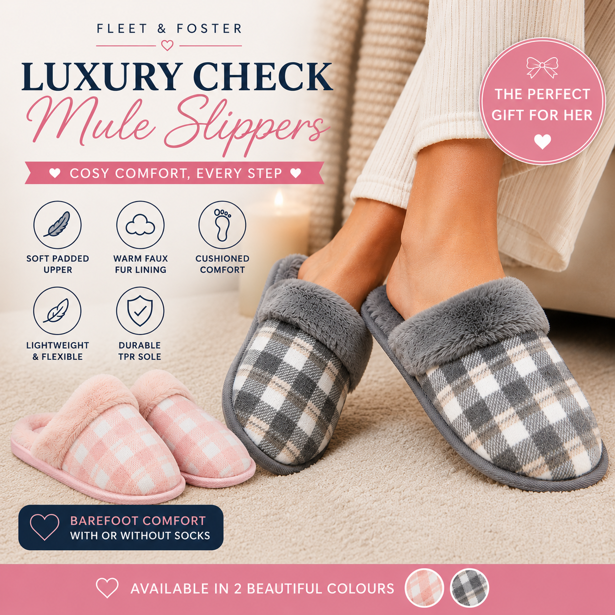 Fleet & Foster luxury check mule slippers for women in pink and grey with faux fur lining and cushioned comfort sole displayed in cosy indoor lifestyle setting