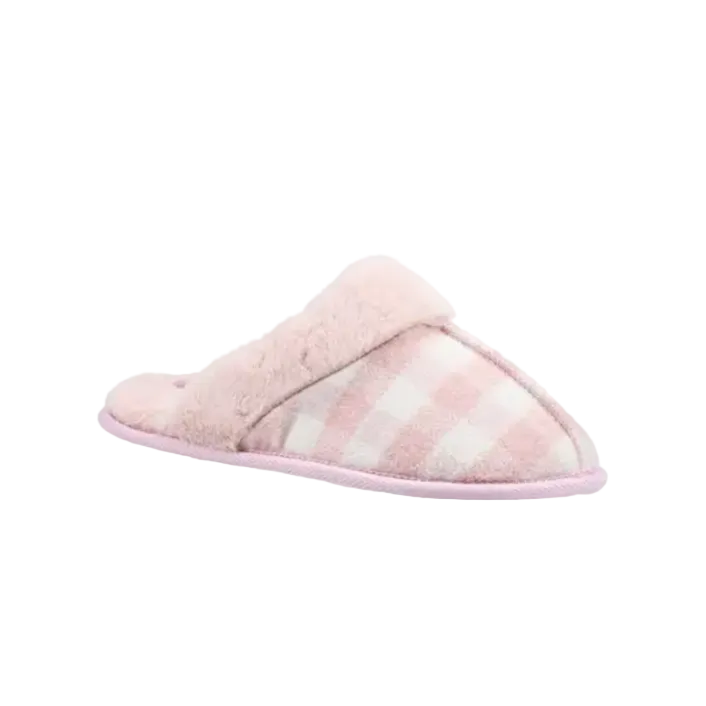Fleet & Foster luxury pink check mule slippers for women in pink and grey with faux fur lining and cushioned comfort sole displayed in cosy indoor lifestyle setting