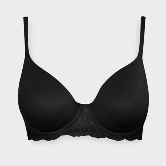 Women's black T-shirt bra with underwire support and lace trim