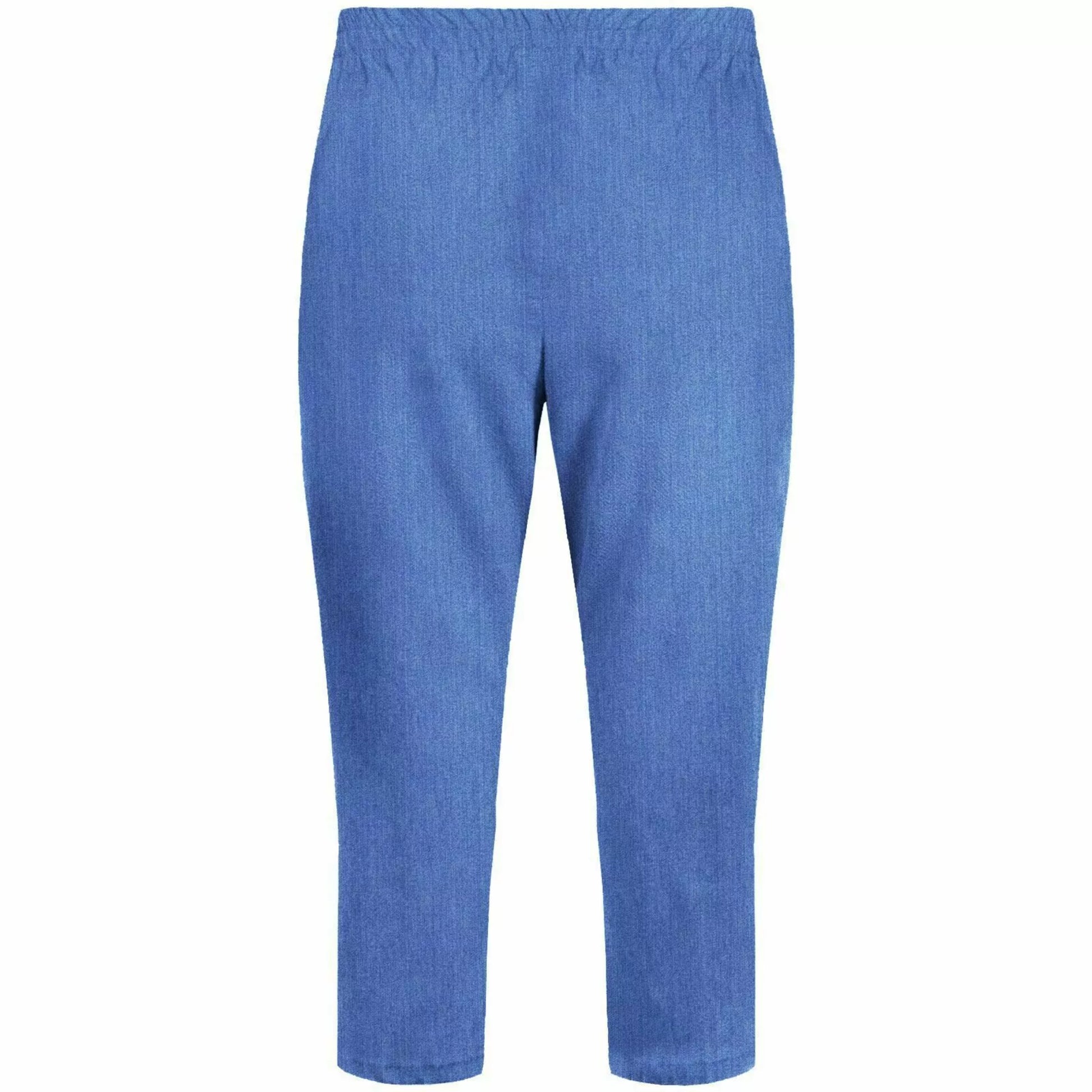 Ladies denim blue 3/4 cropped trousers with zip pocket and button detail summer fashion