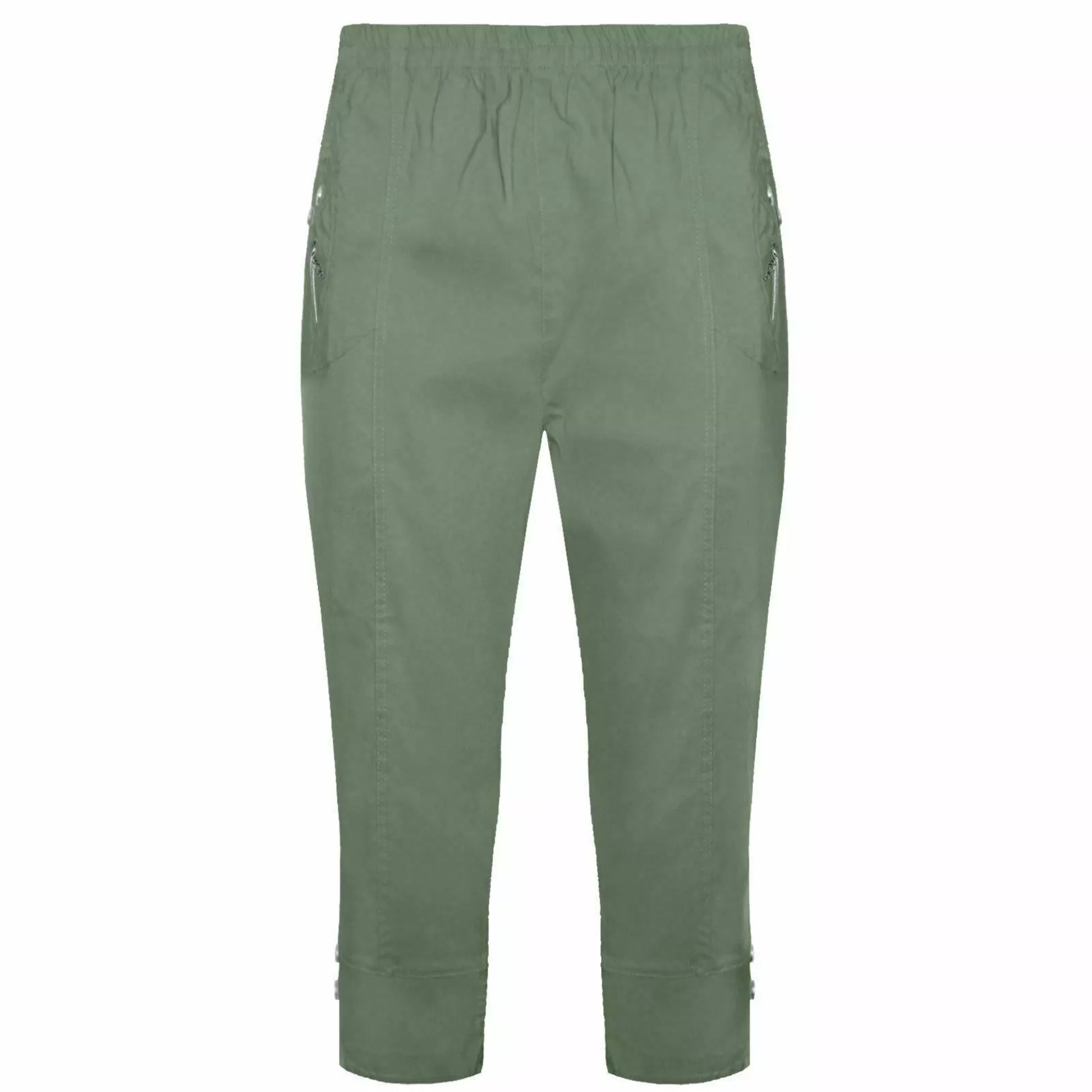 Ladies khaki green 3/4 cropped trousers with zip pocket and button detail summer fashion