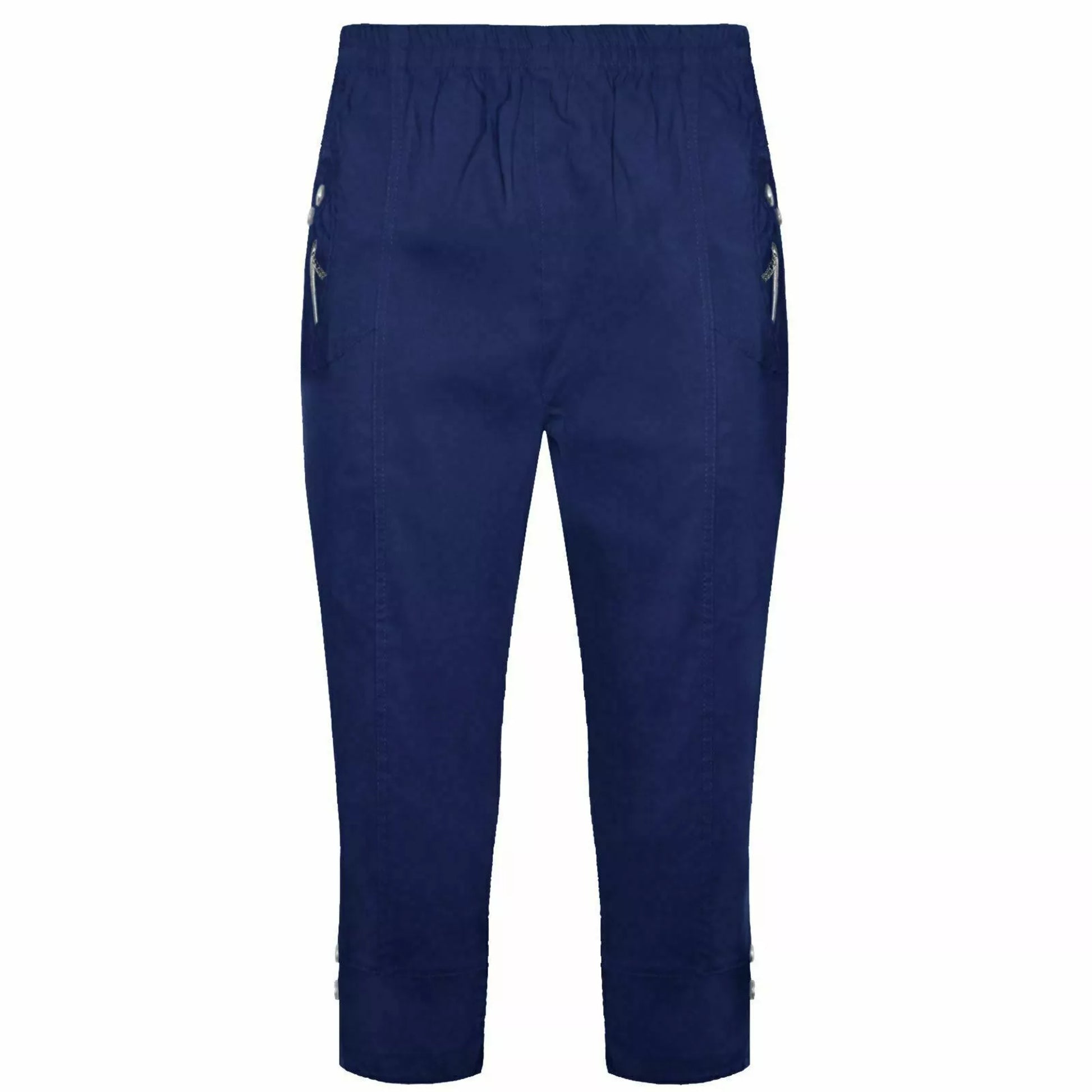 Ladies navy blue 3/4 cropped trousers with zip pocket and button detail summer fashion
