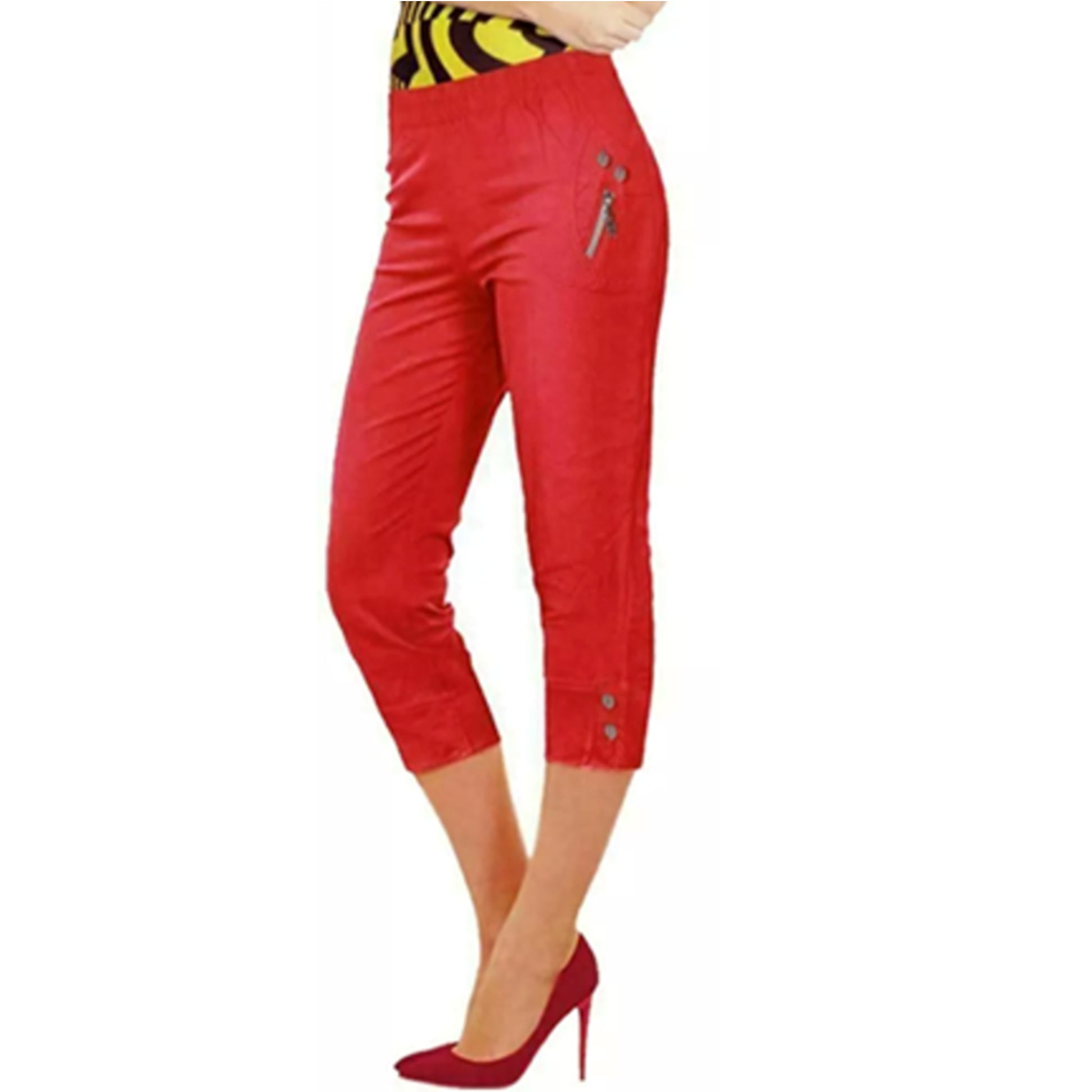 Ladies red 3/4 cropped trousers with zip pocket and button detail summer fashion