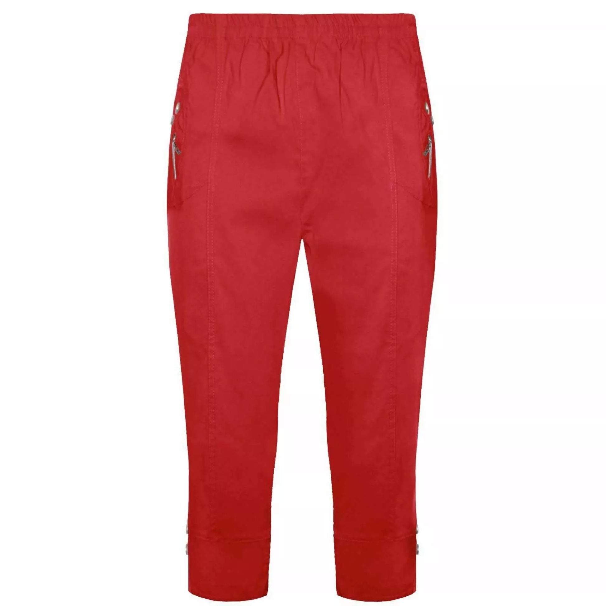 Ladies red 3/4 cropped trousers with zip pocket and button detail summer fashion