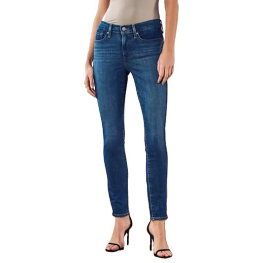 Women's ex-store mid-rise skinny jeans in classic blue denim with front and back pockets