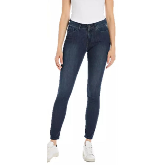 Women's ex-store mid-rise skinny jeans in dark navy denim with front and back pockets