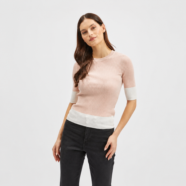 Ladies Pink & White Ribbed Knit Short Sleeve Jumper