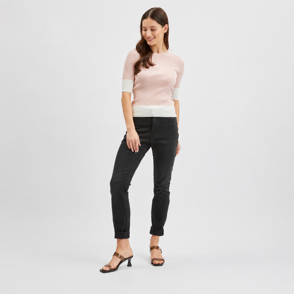 Ladies Pink & White Ribbed Knit Short Sleeve Jumper