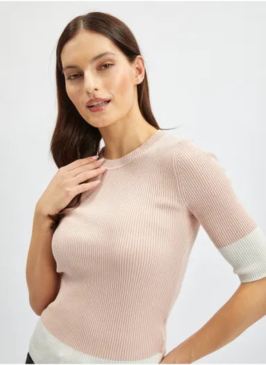 Women's blush pink ribbed knit jumper with white trim