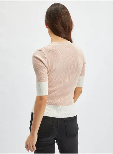 Women's blush pink ribbed knit jumper with white trim
