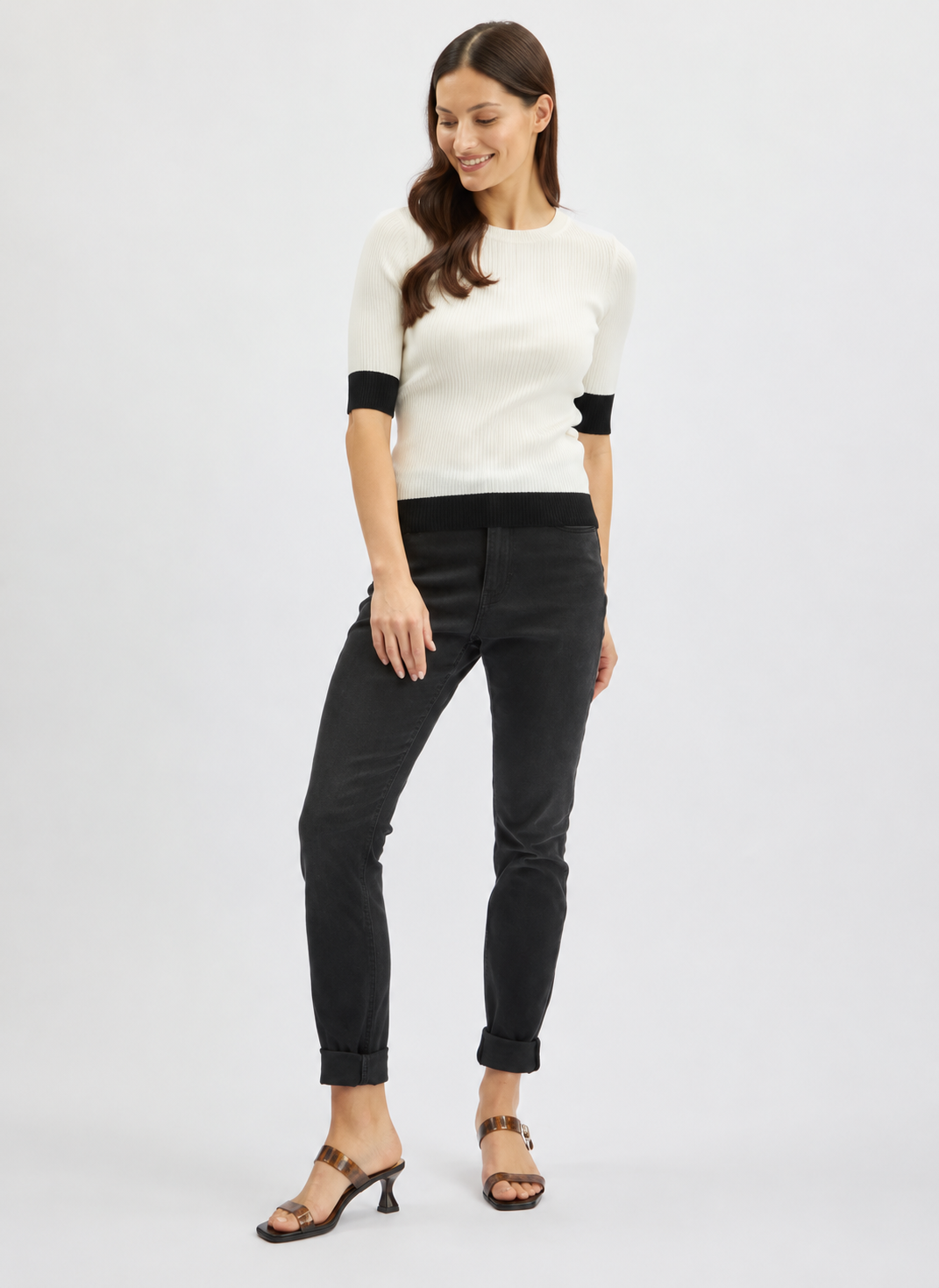 Women's white ribbed knit jumper with black trim