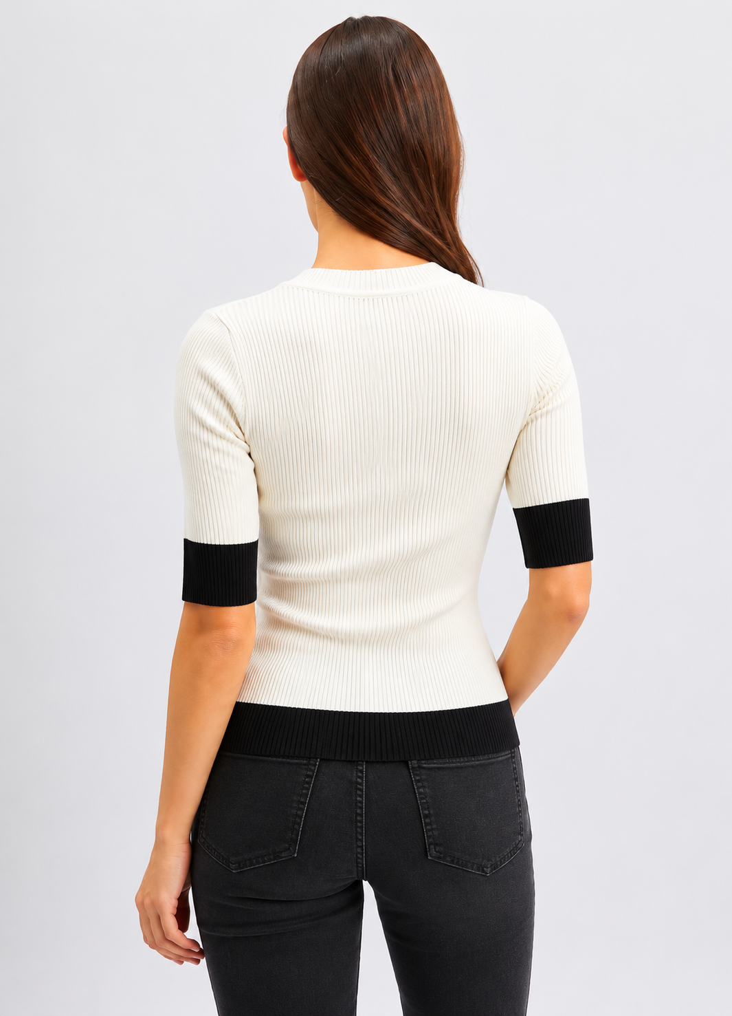 Women's white ribbed knit jumper with black trim
