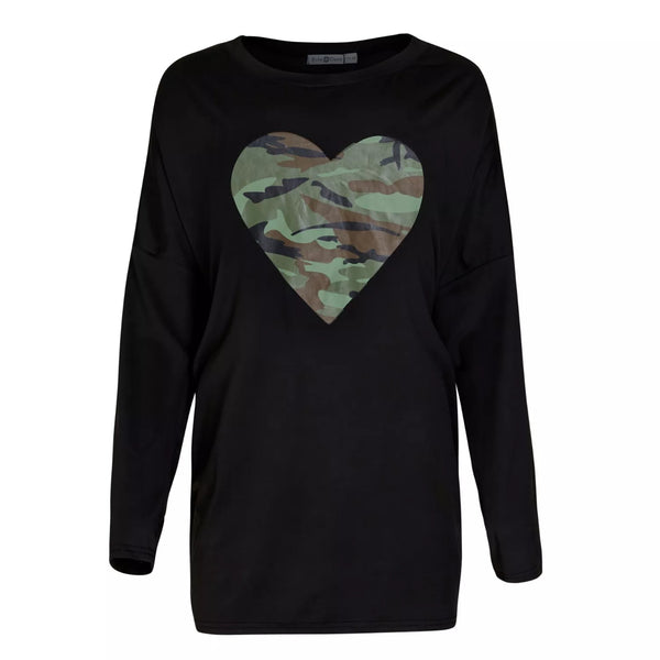 Ladies Oversized 3/4 Sleeve Top - Black Heart Print