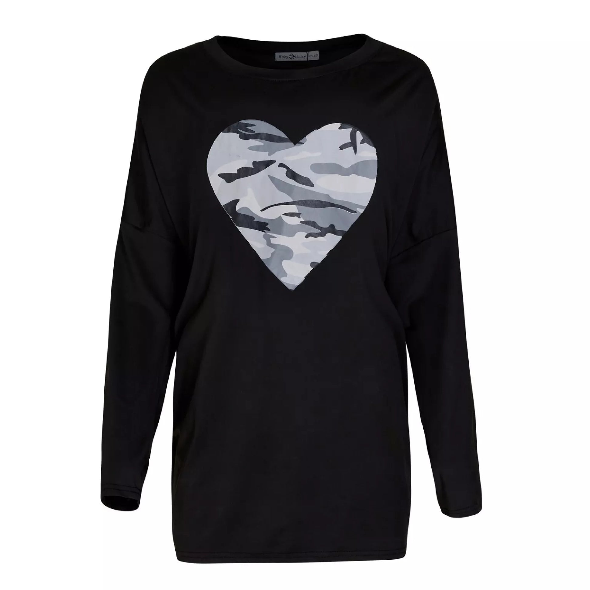 Women’s oversized black top with grey camo heart print – Ladies ex store casual long sleeve shirt