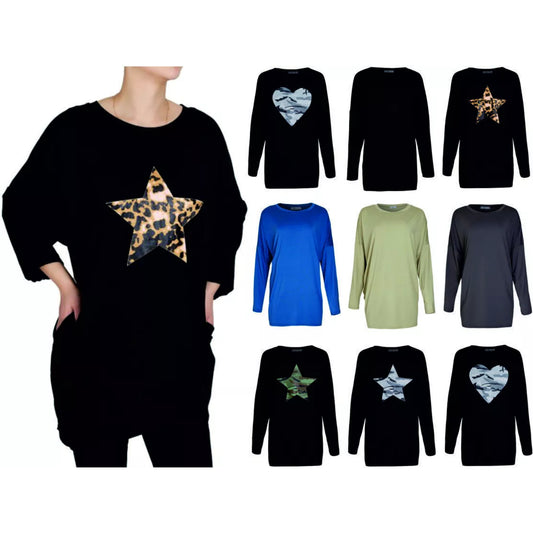 Women’s loose fit oversized tops with bold graphic prints – long sleeve casual fashion.