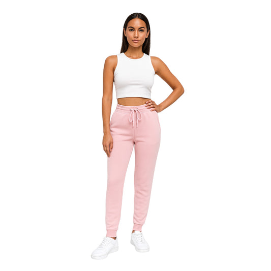 Women’s pink high-waisted joggers with drawstring waist and cuffed ankles – soft loungewear trousers