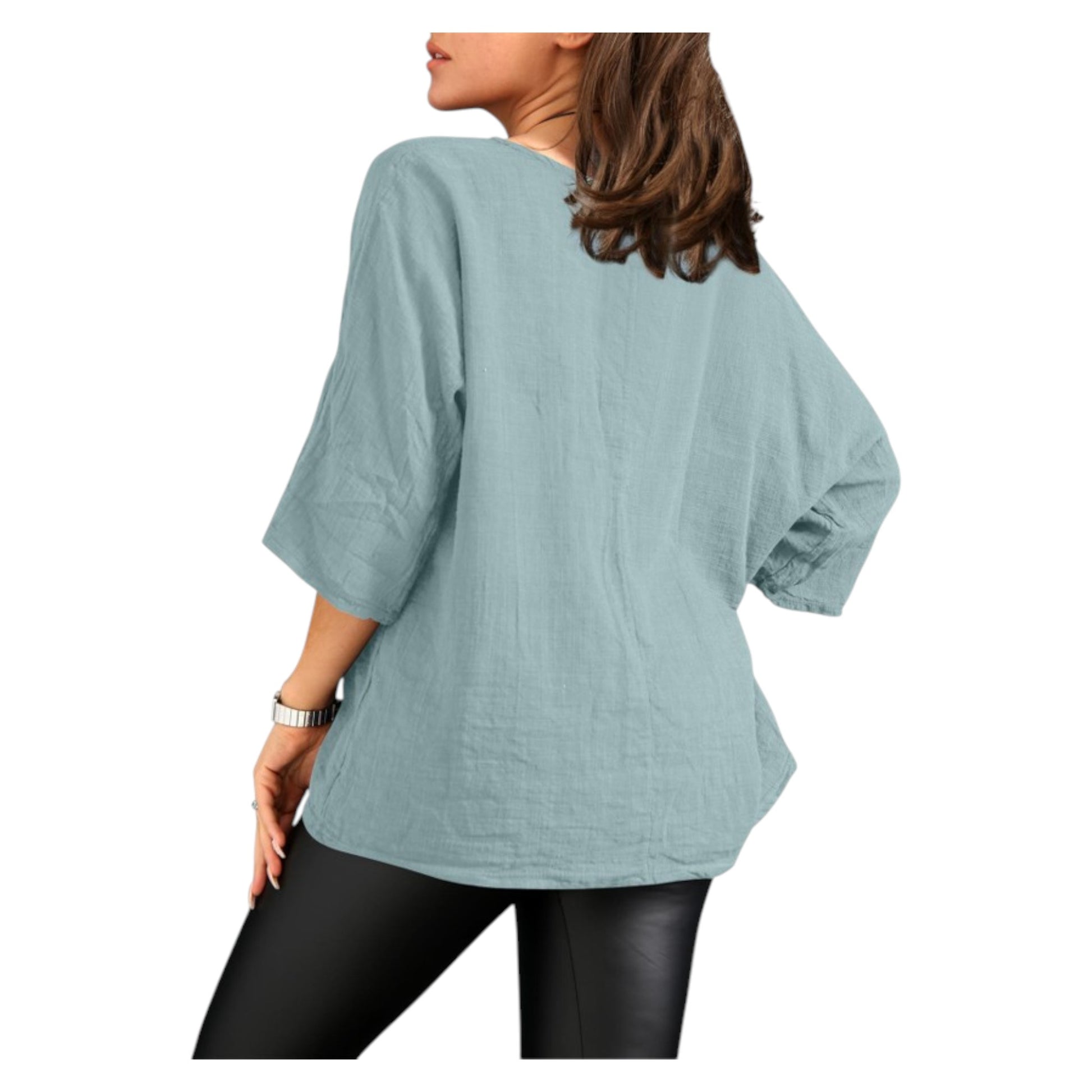 Women's loose fit 100% cotton Italian top in baby blue with a relaxed, breathable design and rolled sleeves – ideal for summer or layering.