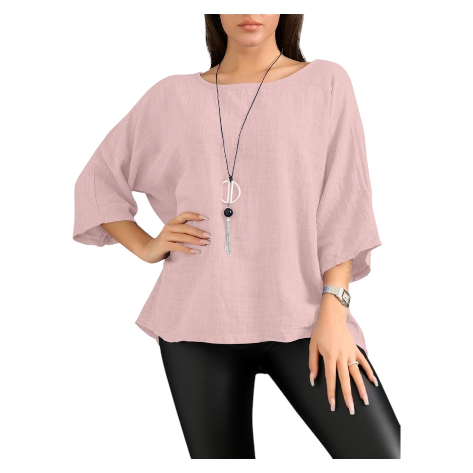 Women's loose fit 100% cotton Italian top in soft pink with a relaxed, breathable design and rolled sleeves – ideal for summer or layering.