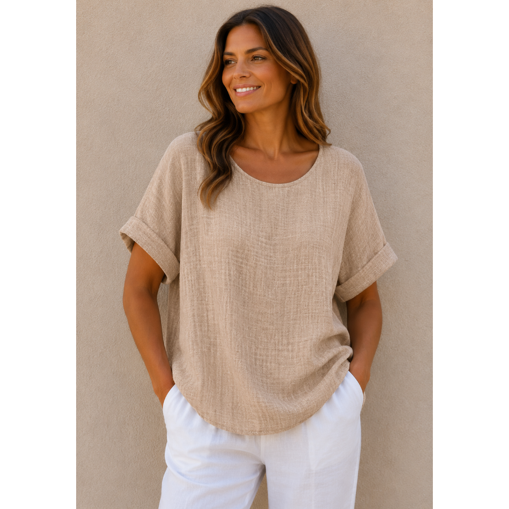 Woman wearing a relaxed-fit textured gauze top with rolled short sleeves and a scoop neckline, paired with white linen pants. Shown from both front and back views against a neutral background, highlighting the lightweight fabric, loose silhouette, and curved hem. One size fit suitable up to a size 16.