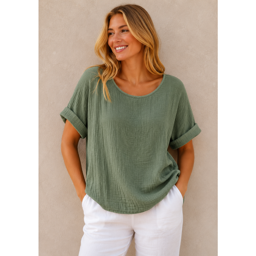 Woman wearing a relaxed-fit textured gauze top with rolled short sleeves and a scoop neckline, paired with white linen pants. Shown from both front and back views against a neutral background, highlighting the lightweight fabric, loose silhouette, and curved hem. One size fit suitable up to a size 16.