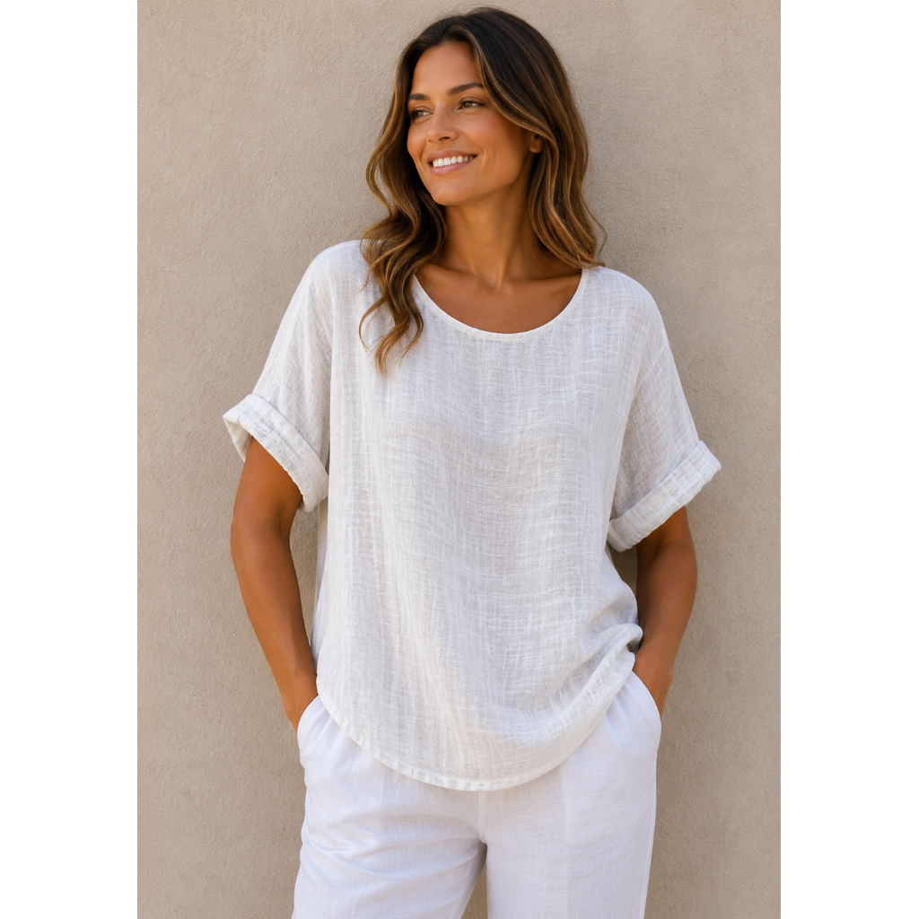 Woman wearing a relaxed-fit textured gauze top with rolled short sleeves and a scoop neckline, paired with white linen pants. Shown from both front and back views against a neutral background, highlighting the lightweight fabric, loose silhouette, and curved hem. One size fit suitable up to a size 16.